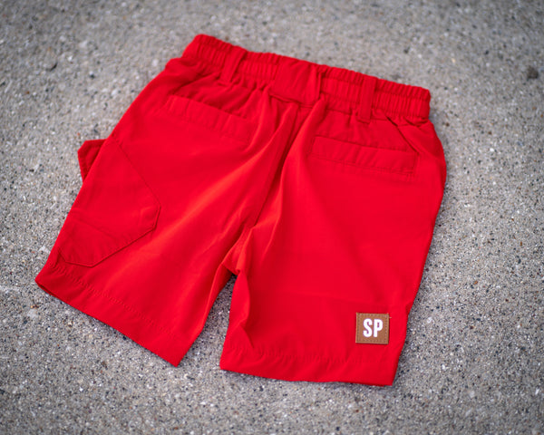 Red lightweight cargo shorts